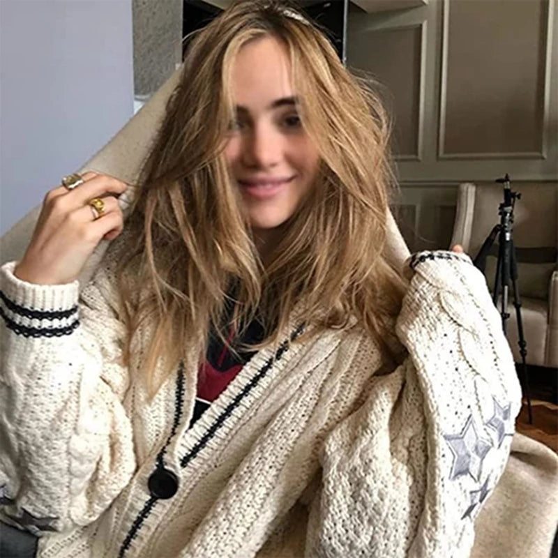 Knit Print Winter Cardigan Sweater Chic Vintage Star Preppy Long Sleeve Autumn V Neck Aesthetic Retro Single Breasted Sweaters - trendingshoping.com