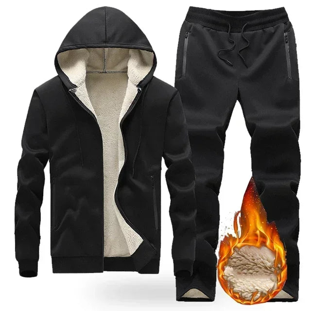 Mens Winter Tech Fleece Tracksuit Set Warm Hooded Sweatshirt and Pants Two Piece