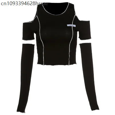 Patchwork Black T-shirts Gothic One Shoulder Sleeve Y2k Crop Tops Ruffles Hem Hip Hop Techwear Women Tees 2025