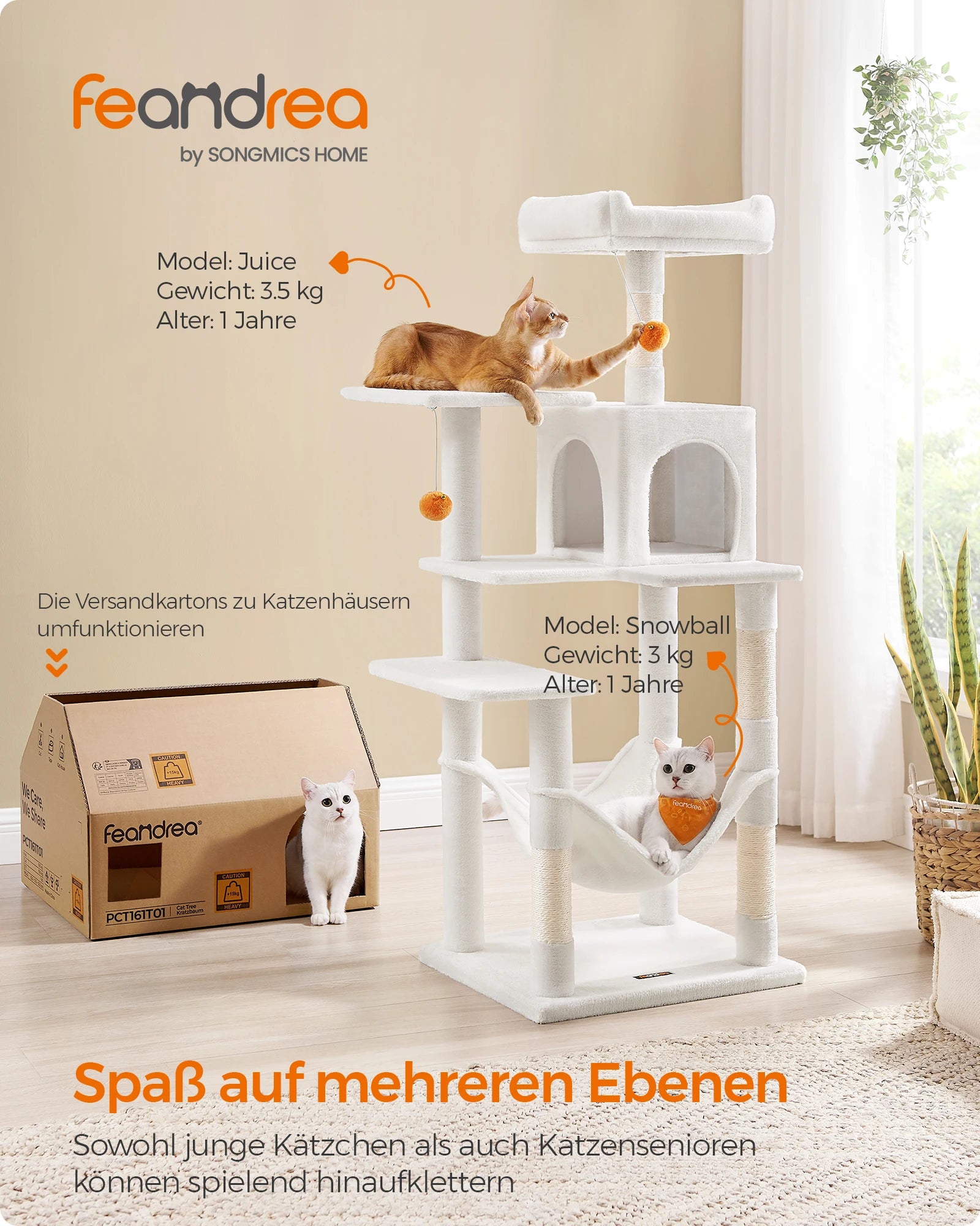Feandrea scratching post, 143 cm high, cat tree, multi-storey cat house, with 4 scratching pillars, 2 platforms, hammock, Cave - trendingshoping.com