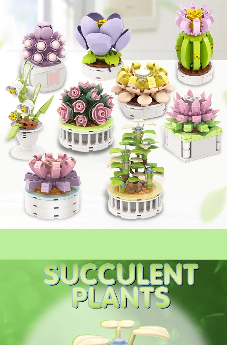 Bouquet Moc Block Flower Succulents Bonsai Potted Building Blocks Romantic Kit Assembly Bricks Toys For Kids Girl Christmas Gift - trendingshoping.com