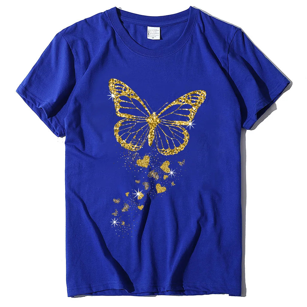 Golden Butterfly Print Women’s Casual T Shirt Short Sleeve O Neck Top