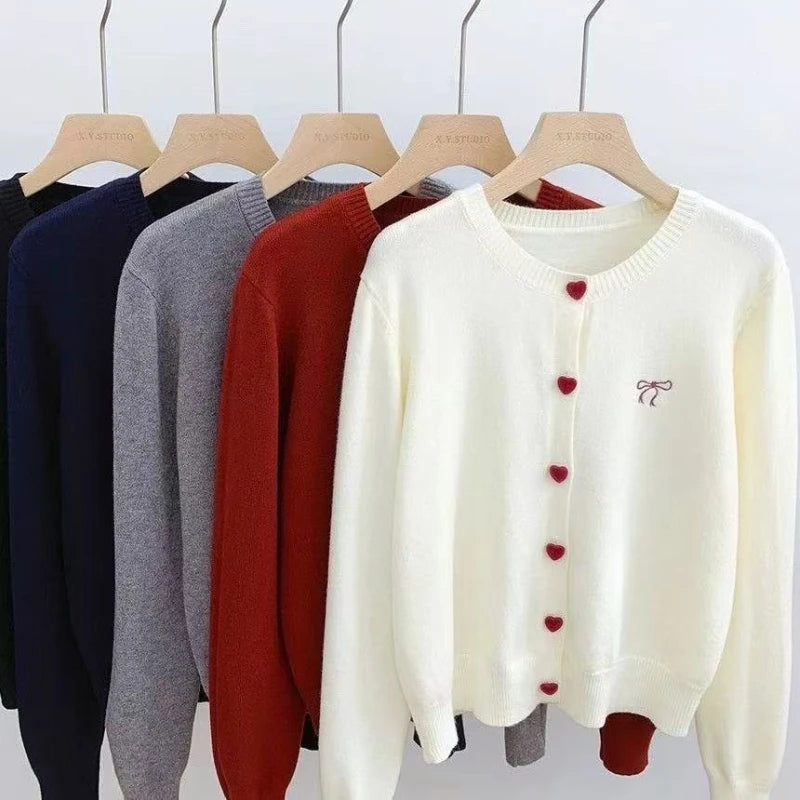 2025 Women Knitted Cardigan Bow Embroidery O-Neck Single Breasted Heart-shaped Button Sweater Korean Casual Solid Knitting Tops