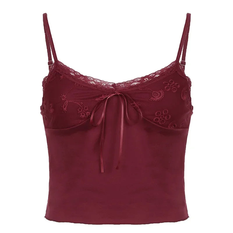 Womens V Neck Backless Crop Top Red Summer Bow Camisole