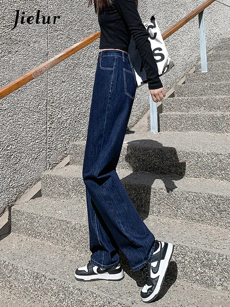 Jielur Dark Blue High Waist Washed Straight Wide Leg Womens Jeans Solid Color
