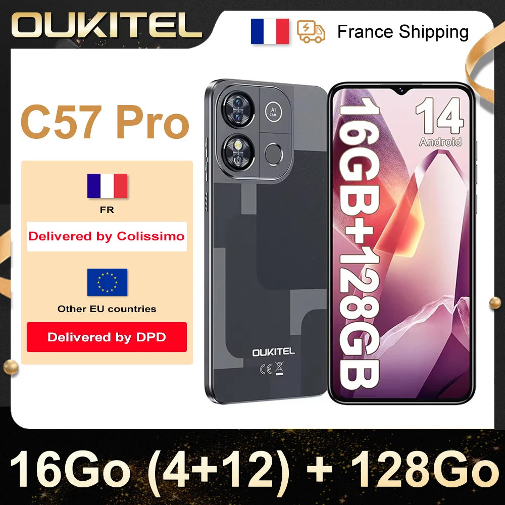 OUKITEL C57 Pro 4G Smartphone 16Go (4 + 12) RAM /128go ROM - 6.52 13MP Android 14 Phone Portable mAh GPS Double SIM - trendingshoping.com