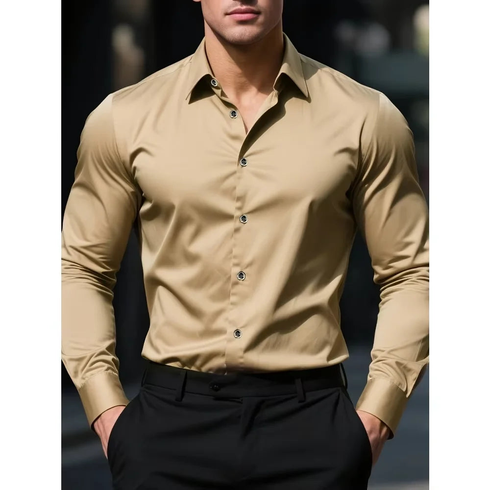 Men's Solid Color Long Sleeve Shirt – Smart Casual Elastic Business Shirt, 2025 Four-Season Wear