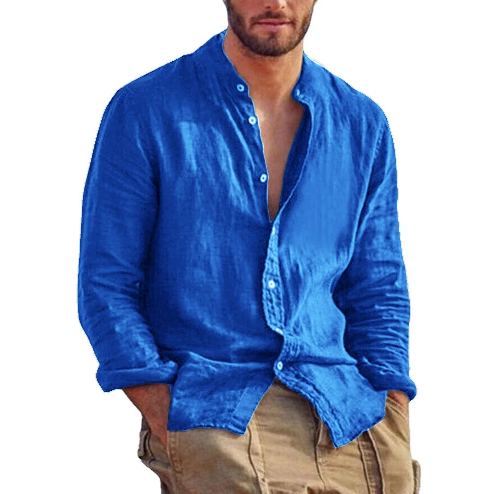 Men’s Linen Long Sleeve Shirt Solid Color Stand Collar Casual Lightweight Breathable Top