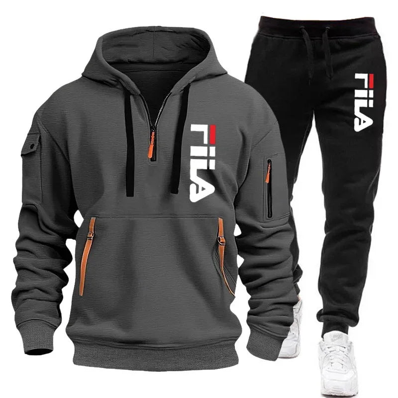 FILA 2026 Men's Autumn Winter Hoodie & Pants Set – Two-Piece Pullover Sportswear, Outdoor Multi-Pocket Sweatshirt