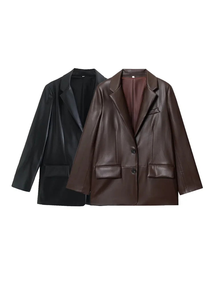 Women's Fashion Faux Leather Blazer – Loose Fit Old Money Style, Long Sleeve Front Button Chic Outerwear Top