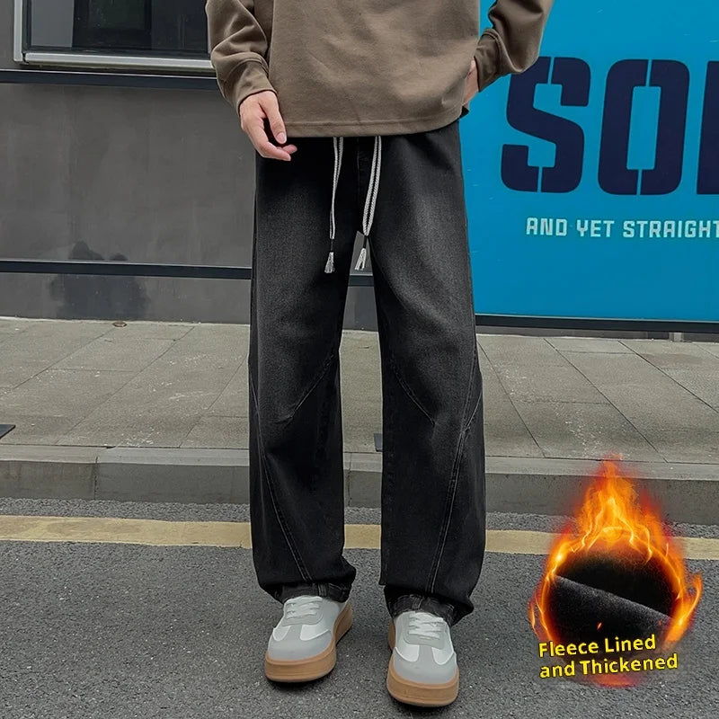 Men's Fleece-Lined Wide Leg Jeans - Loose Fit Winter Denim