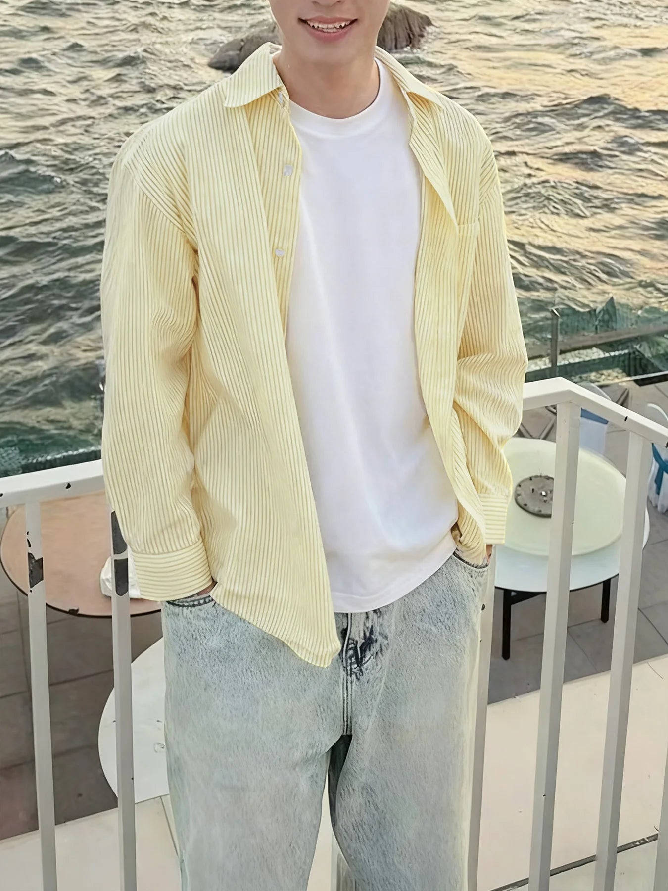 Men's Striped Shirt for Spring and Autumn, Trendy and Versatile, Niche Design, Vintage Long-Sleeve Striped Shirt