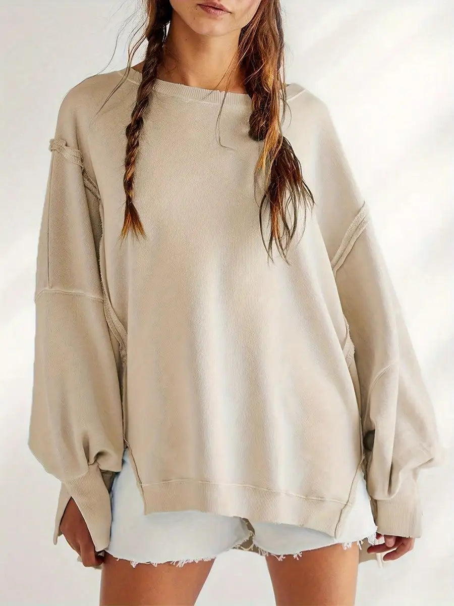 Women Spring Autumn Long Sleeve Loose Tops Crew Neck Striped Side Slits Shirt Casual Pullover Sweatshirt Tops