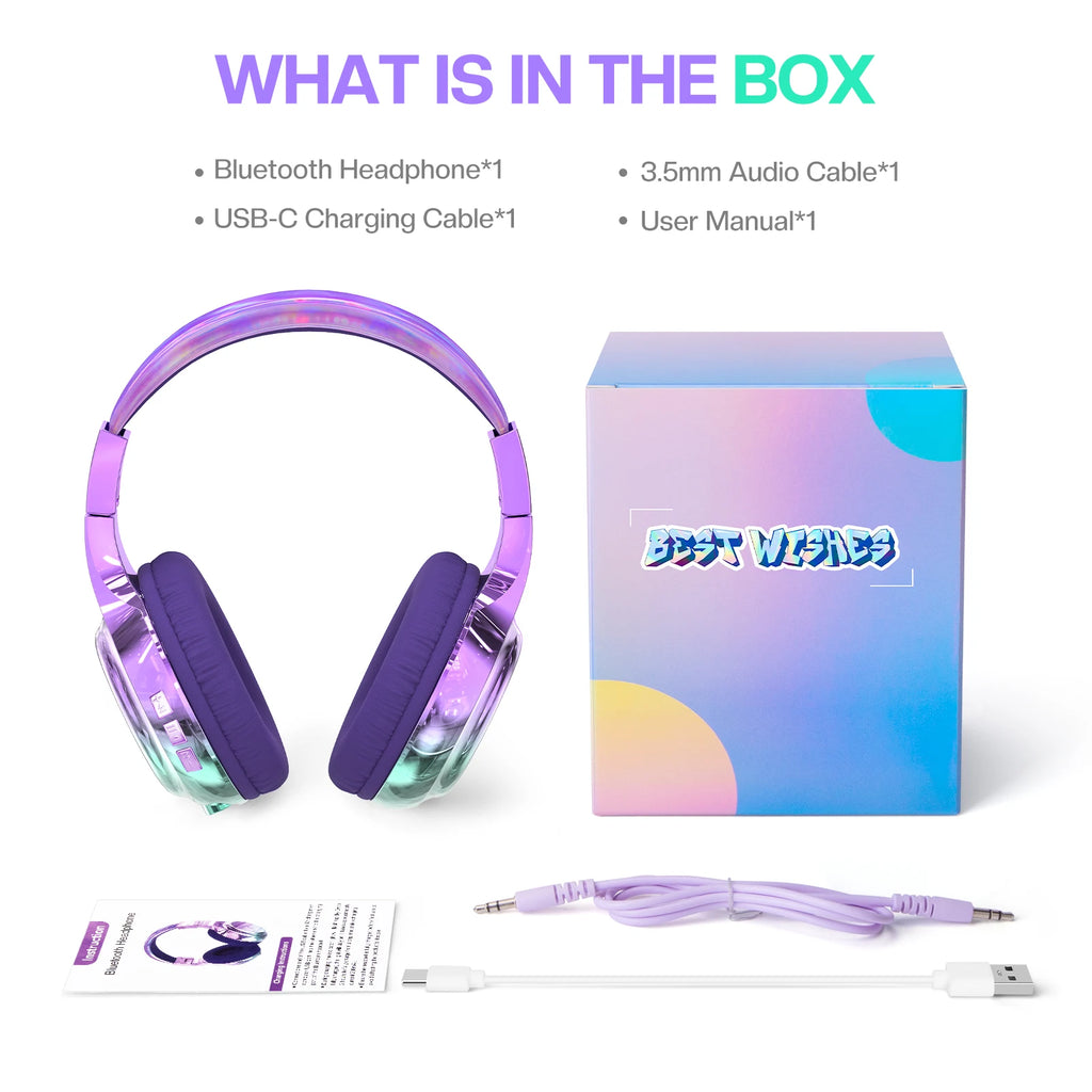 Glossy Bluetooth Headphones For Kids Girls Wireless Stereo Headset With Mic