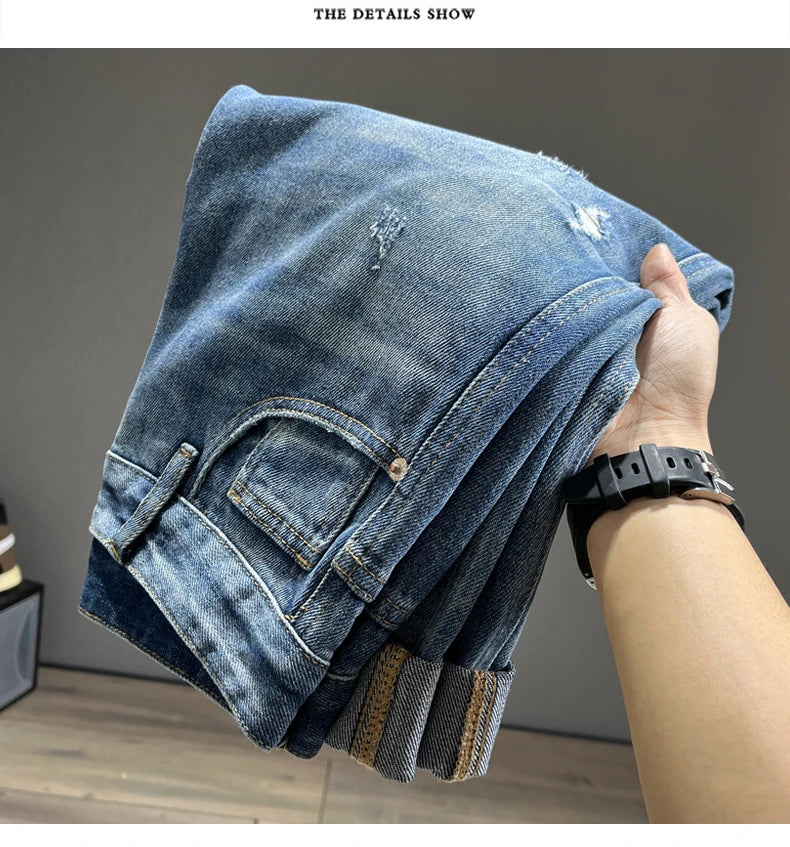 Ripped Jeans Men New Personality Fashion Vintage Blue Streetwear Baggy Denim Pants Casual Tapered Hole Frayed Trousers Male
