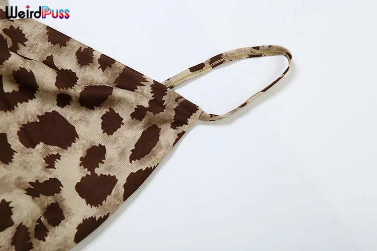 Weird Puss Leopard Print Dress Woman Summer Sexy Swing Collar Spaghetti Straps Backless Ruffles Party Clubwear Skinny Vestidos