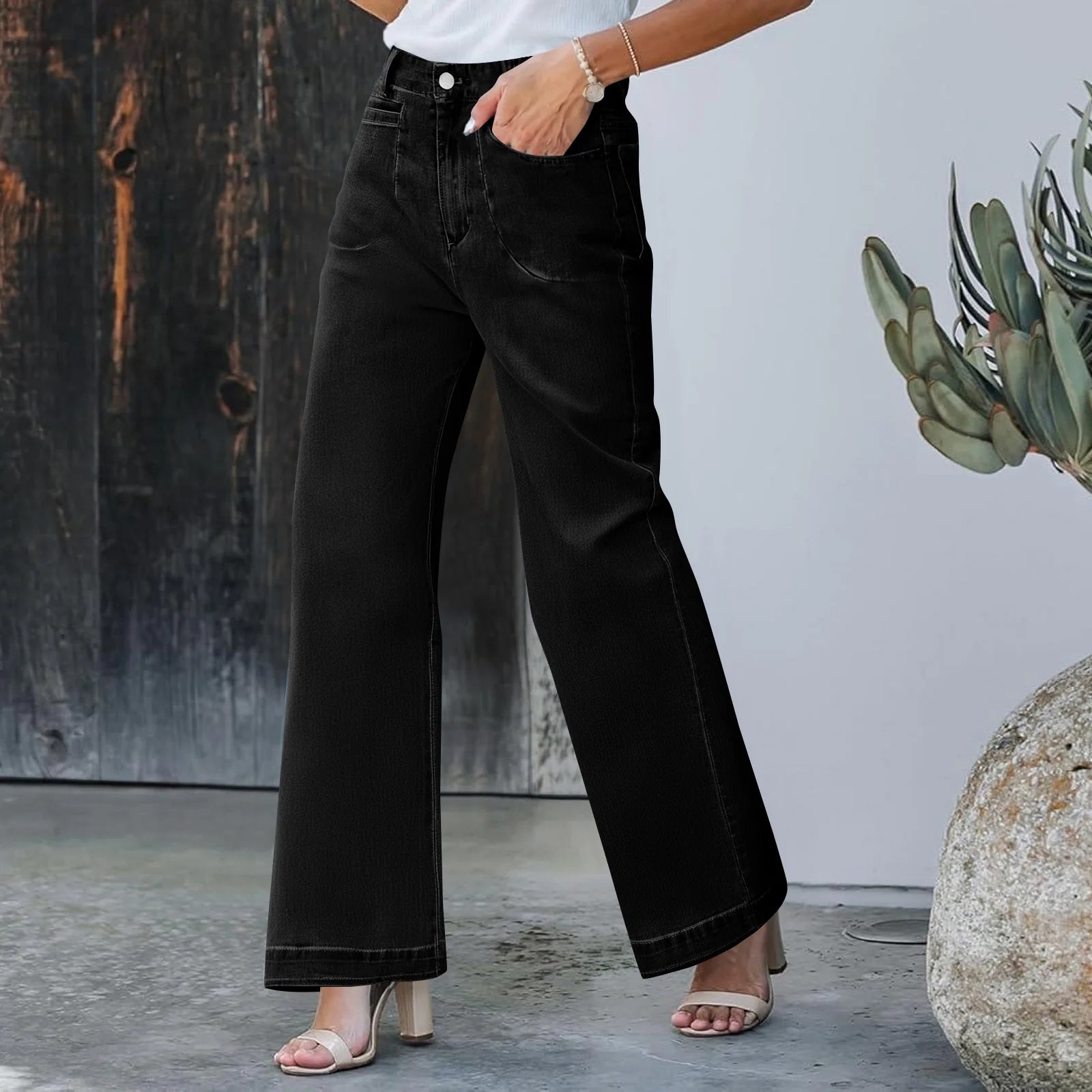 Womens High Waist Spring Wide Leg Straight Jeans Retro Style