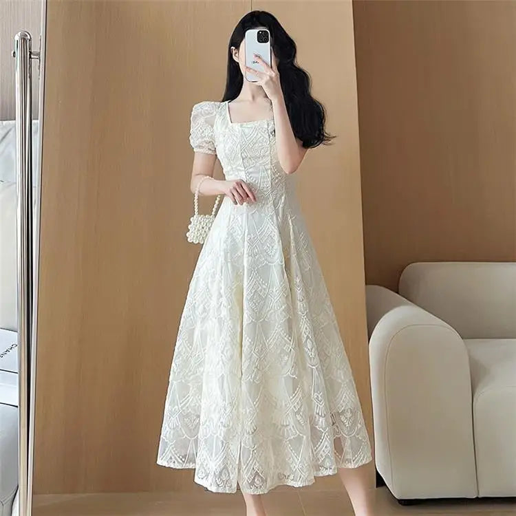 Women's Plus Size A-Line Summer Dress - Lace Hollow Out, Square Neck, Waist Cinched