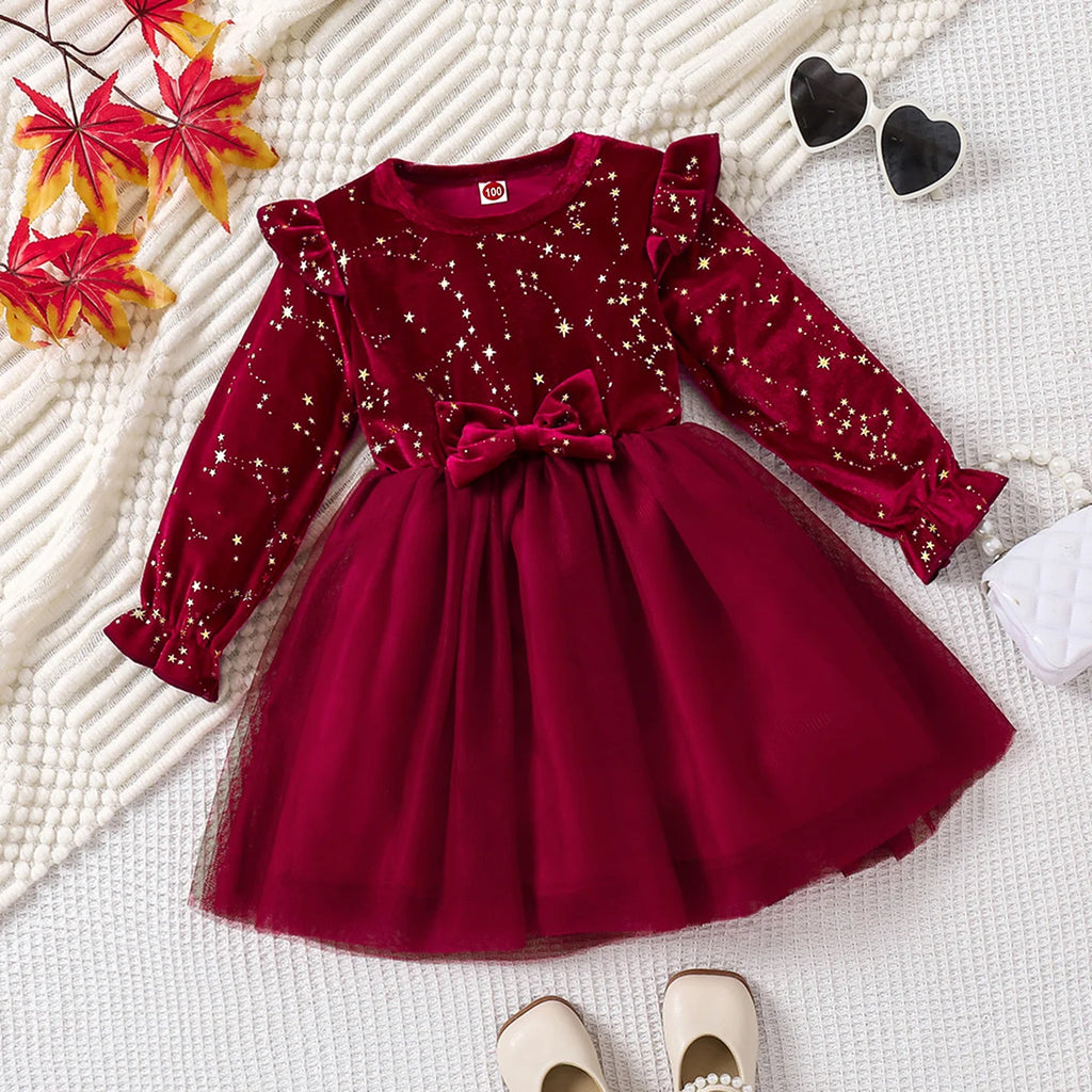 Girls Autumn Winter Velvet Long Sleeve Princess Dress With Mesh Bow Party Festive Wear