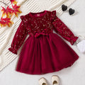 Girls Autumn Winter Velvet Long Sleeve Princess Dress With Mesh Bow Party Festive Wear