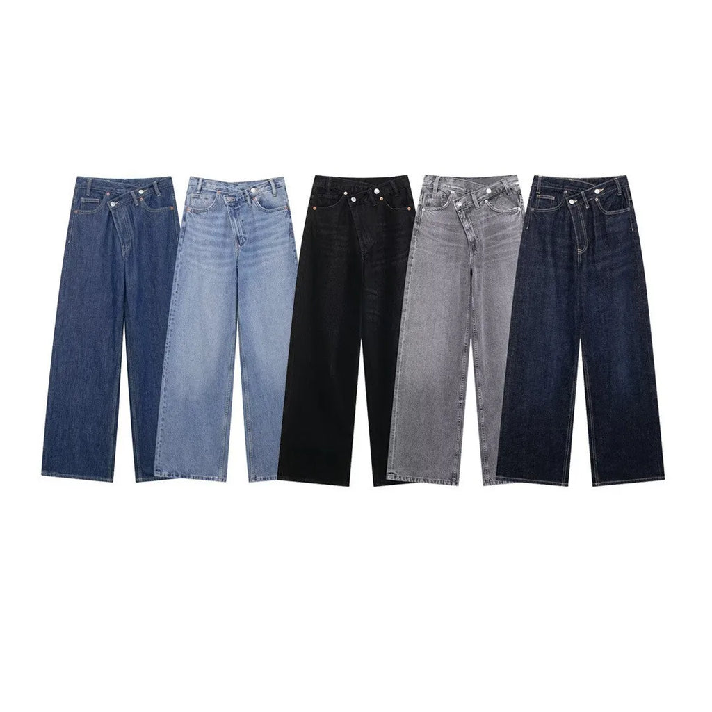 Jeans For Woman New Fashion Asymmetric Design High Waist Wide Leg Trousers Casual Women's Straight Leg Jeans - trendingshoping.com