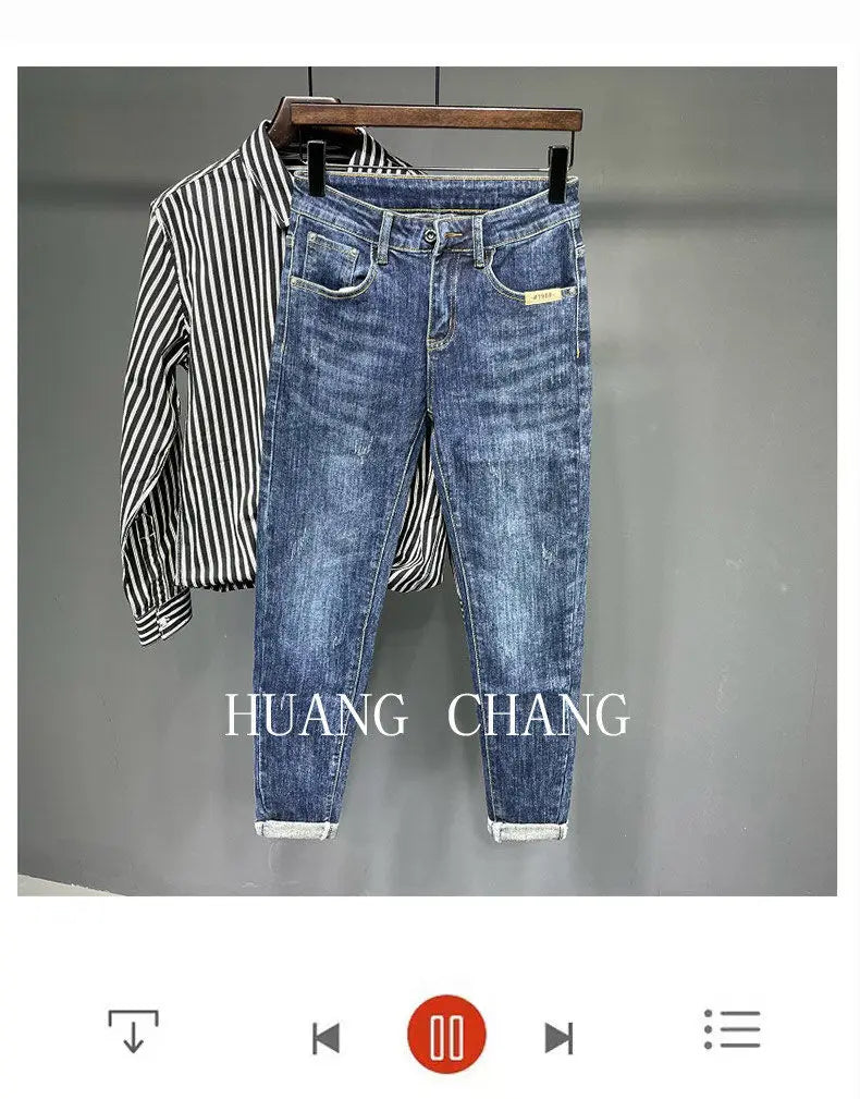 Jeans Men's Spring and Summer New High-end Trend Blue Slim-fitting Pants Brand Korean Streetwear High Street Retro Long Pants - trendingshoping.com
