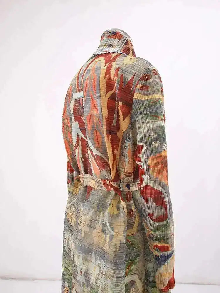 LANMREM Fashion Designer Print Pleated Windbreaker Women Scraf Collar Belt Gathered Waist Contrast Color 2024 New Coat 32C1261 - trendingshoping.com