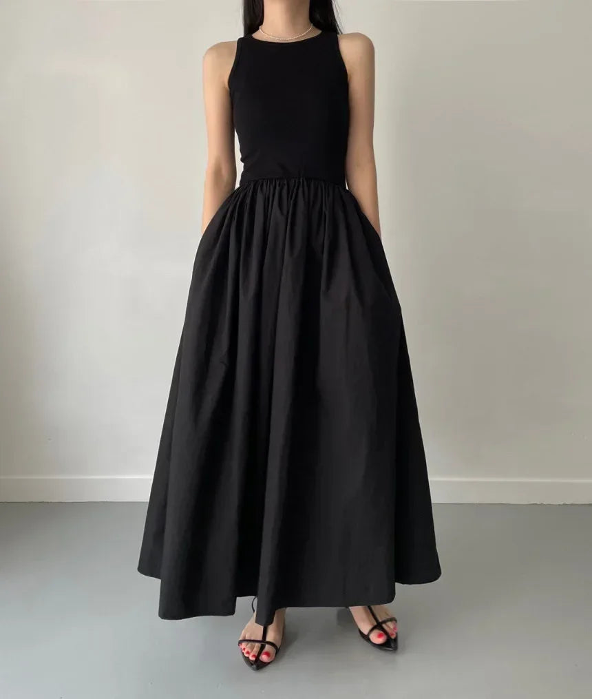 Women Black Long Dress Sleeveless Round Neck Elegant Style