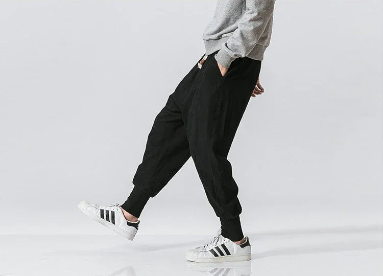 Men’s Cotton Linen Harem Pants - Baggy Drop-Crotch Streetwear Joggers