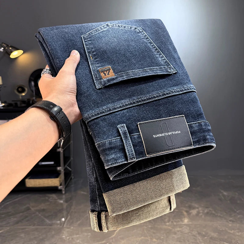 Men's Classic Straight Leg Stretch Jeans - Casual Autumn Winter Denim Trousers