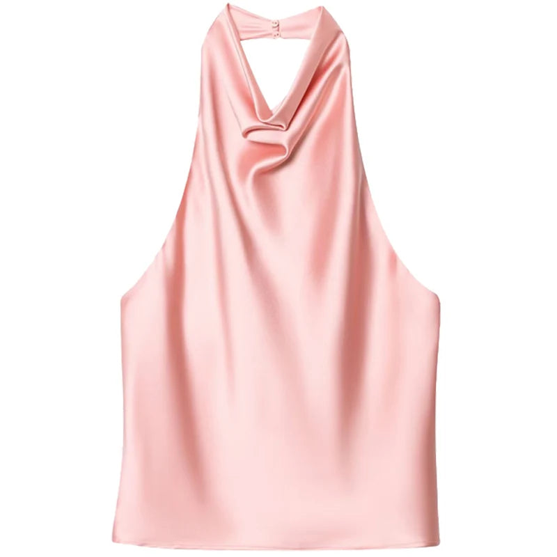 HXAO 2025 Women Satin Halter Top Summer Black Yellow Tanks & Camis Off Shoulder Crop Tank Top Fashion Sleeveless Backless Vests