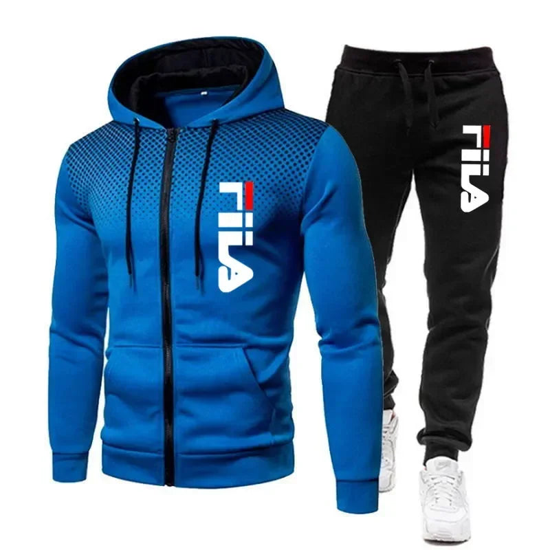 FILA Men's Autumn Winter Sports Hoodie & Jogging Pants Set – Casual Fitness Sweatshirt, Zipper Hoodie + 2 Stretch Pants