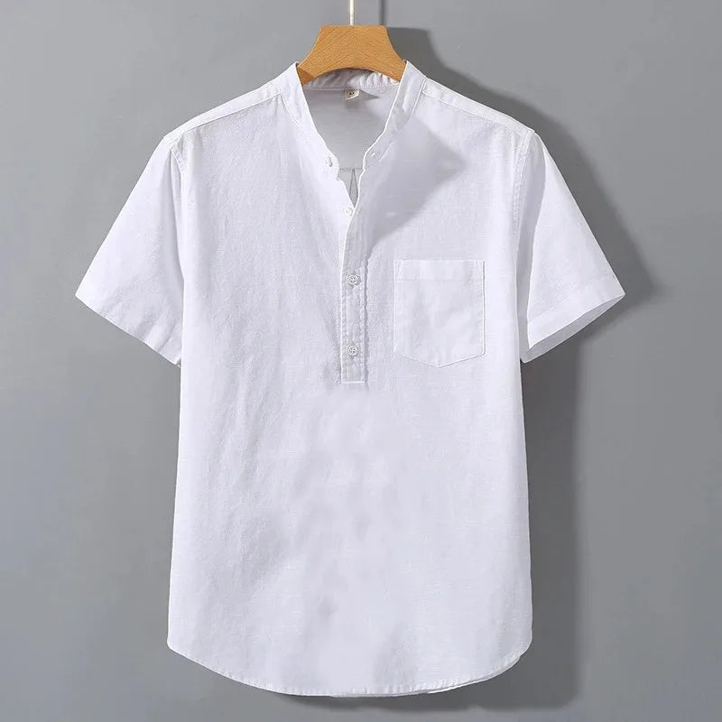 Men’s Short Sleeve Stand Collar T-Shirt Solid Color Loose Fit Summer Cotton Top