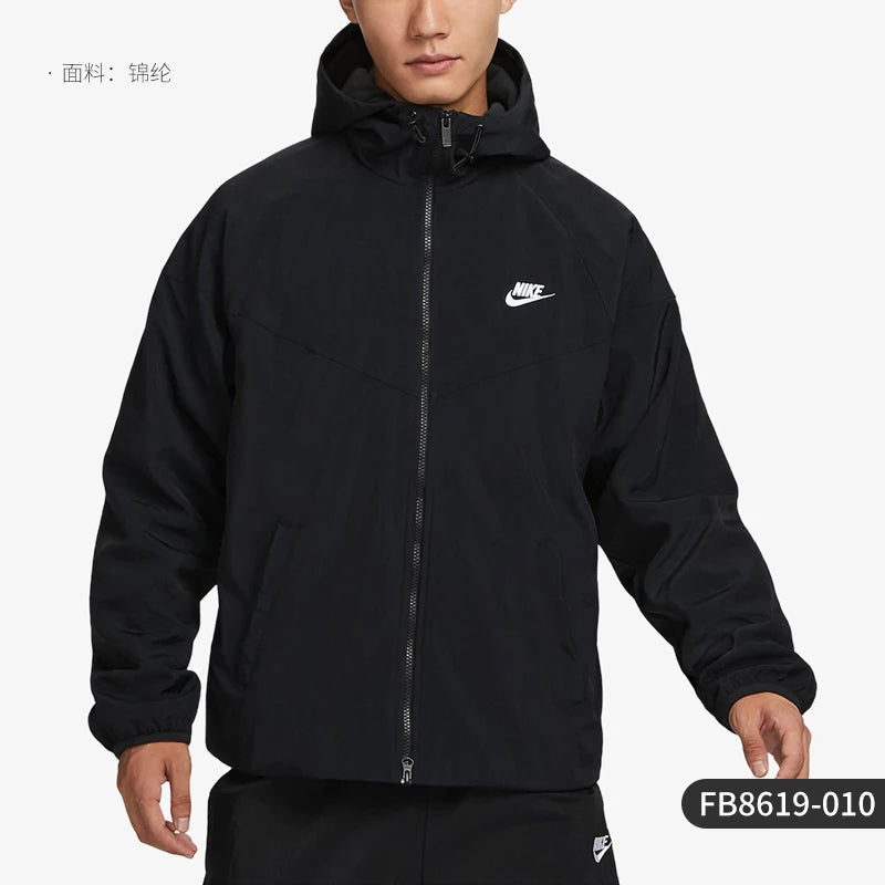 Men's Winter Fleece Hooded Loose Jacket - Thermal Water-Repellent Sportswear - FB8619-010 - Black