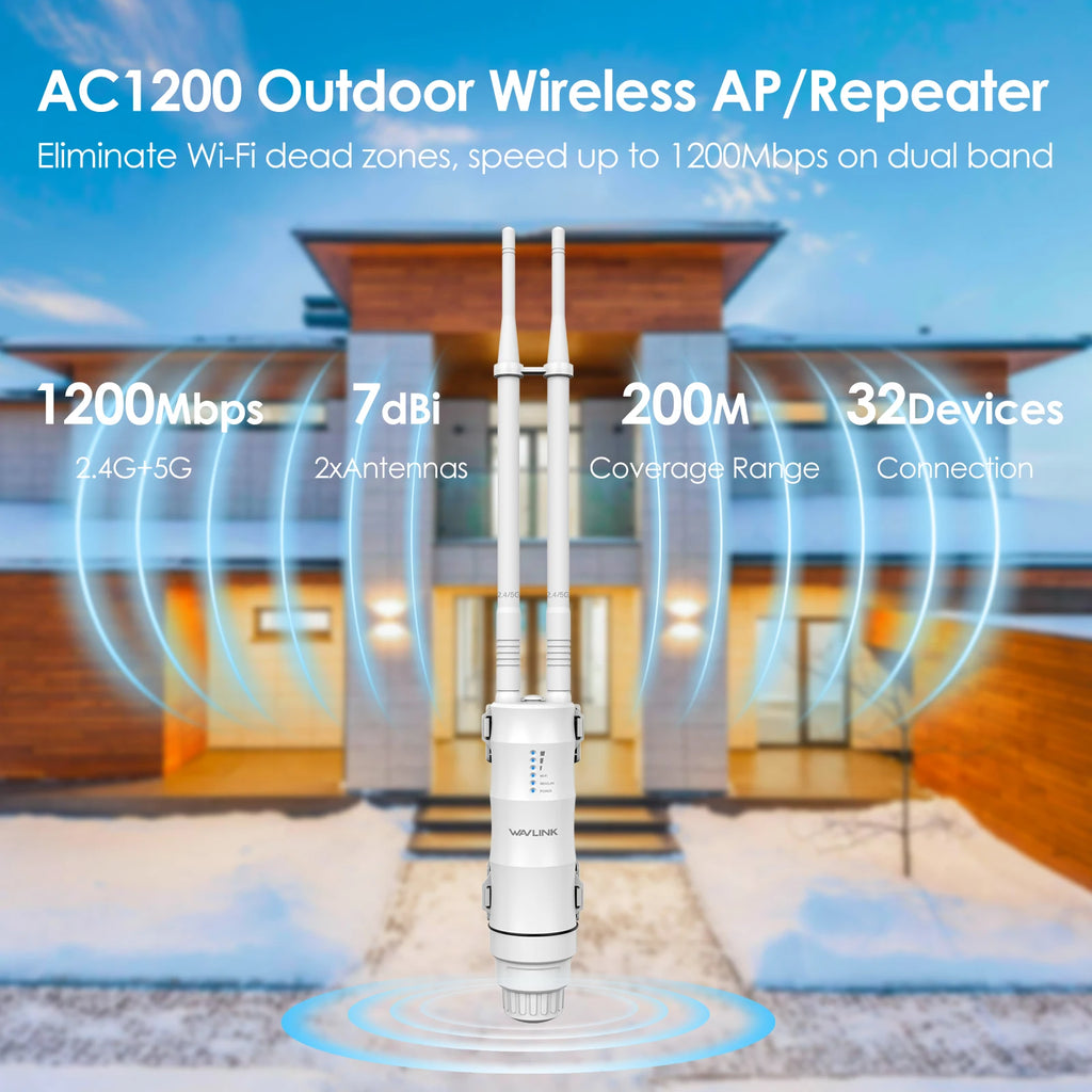 WAVLINK AC600/1200 High Power Outdoor Router Dual Band Weatherproof Long Range Mesh Technology 4 Directional Antennas - trendingshoping.com