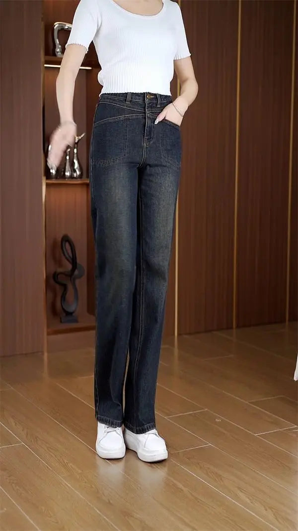 Women's Narrow Straight Leg Jeans  Fall Winter New Plush Lined Thick Korean Retro Relaxed Casual Trousers High Waist Flattering
