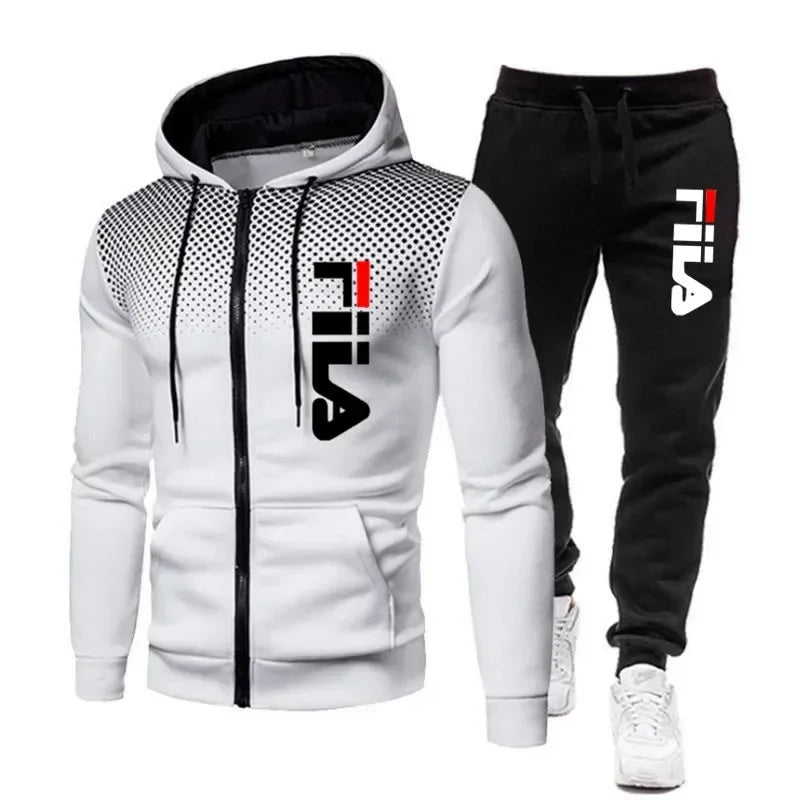 FILA Men's Autumn Winter Sports Hoodie & Jogging Pants Set – Casual Fitness Sweatshirt, Zipper Hoodie + 2 Stretch Pants