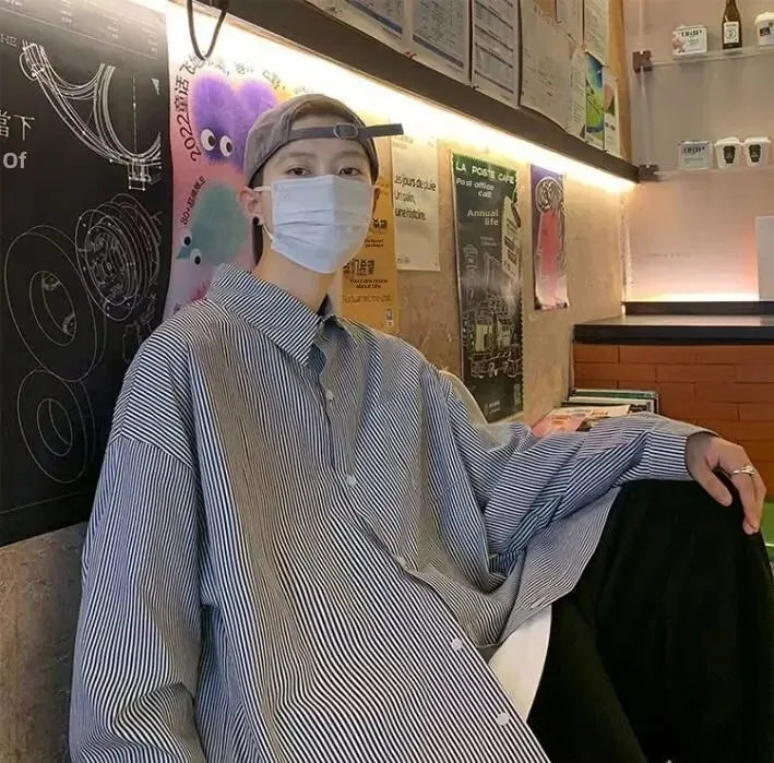 Casual Oxford Cloth Long Sleeve Shirt Men's Spring Summer New Style Hong Kong Style Japanese Stripe Thin Casual Workwear Jacket