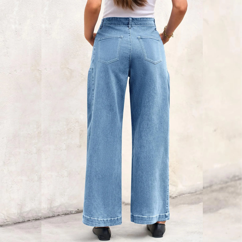 Womens High Waist Spring Wide Leg Straight Jeans Retro Style