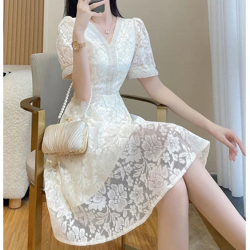 Women's Elegant White Sequin & Beaded Midi Dress - V-Neck Lace Party Dress