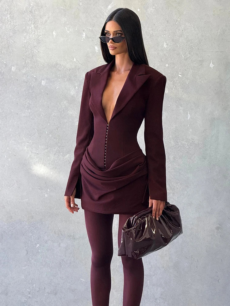 Nibber Women's Sexy V-Neck Mini Dress Long Sleeve Ruched Hidden Button Fashion