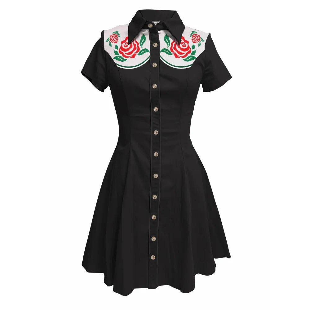 Western Vintage Flower Printed Western Cowboy Dress Women Button-down Dress Short Sleeves 100% Cotton Dress Summer Streetwear