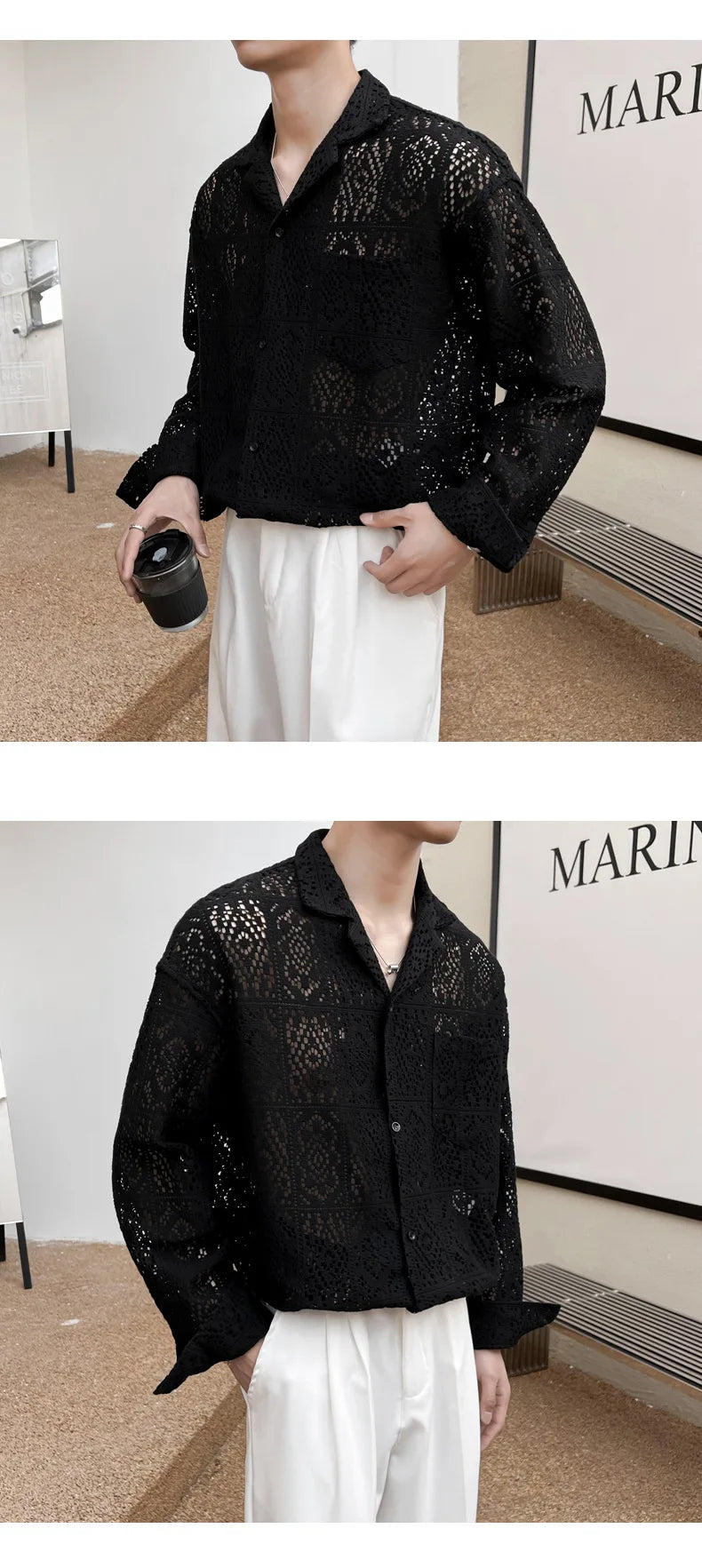 Fashion Hollow Out Shirts for Men Transparent Mesh Lace Long Sleeve Shirts Retro Elegant Breathable Tops Male Streetwear Popular