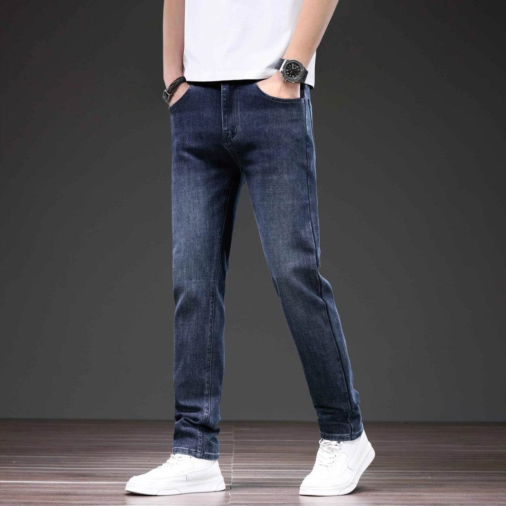 Men's Loose Straight Leg Jeans - Slightly Stretch Casual Denim Pants, Blue/Black