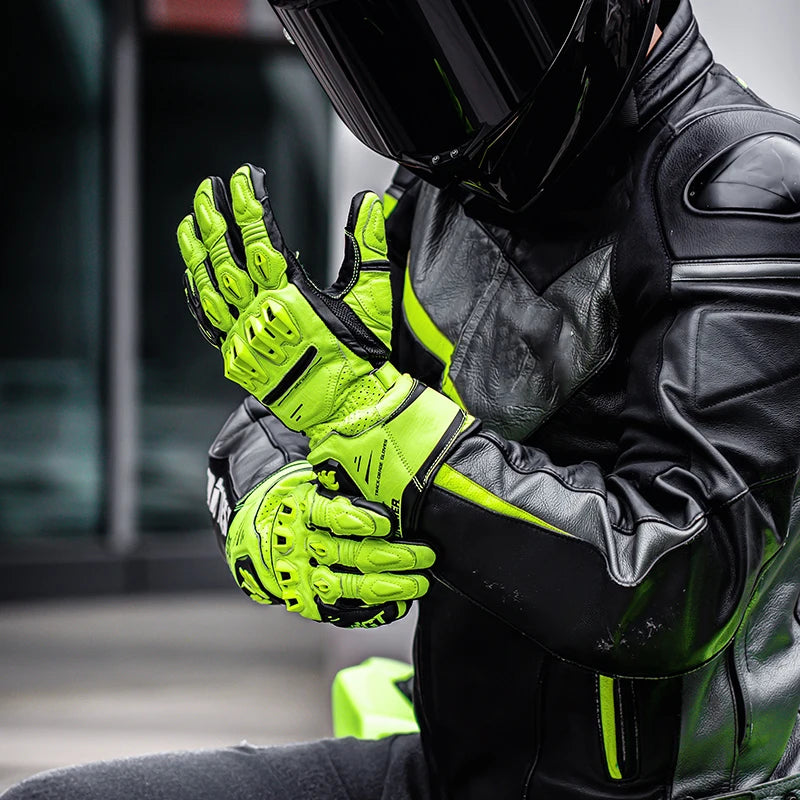 Motorcycle Gloves Full Finger Genuine Leather Long Abrasion-Resistant Riding Gloves with Knuckle Wrist Protection