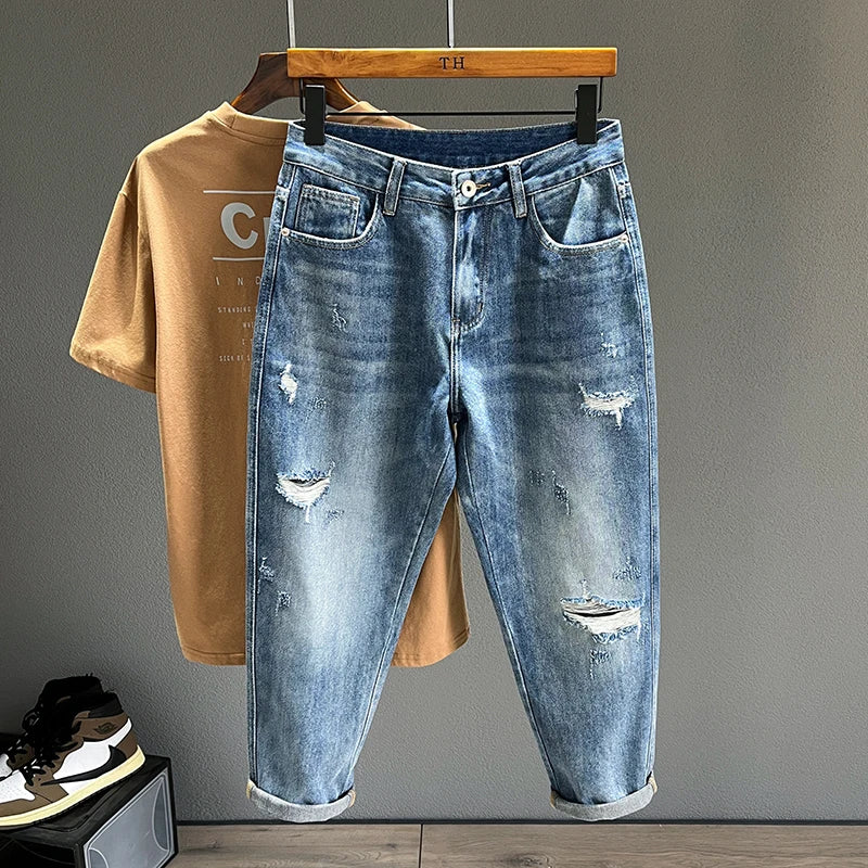 Ripped Jeans Men New Personality Fashion Vintage Blue Streetwear Baggy Denim Pants Casual Tapered Hole Frayed Trousers Male