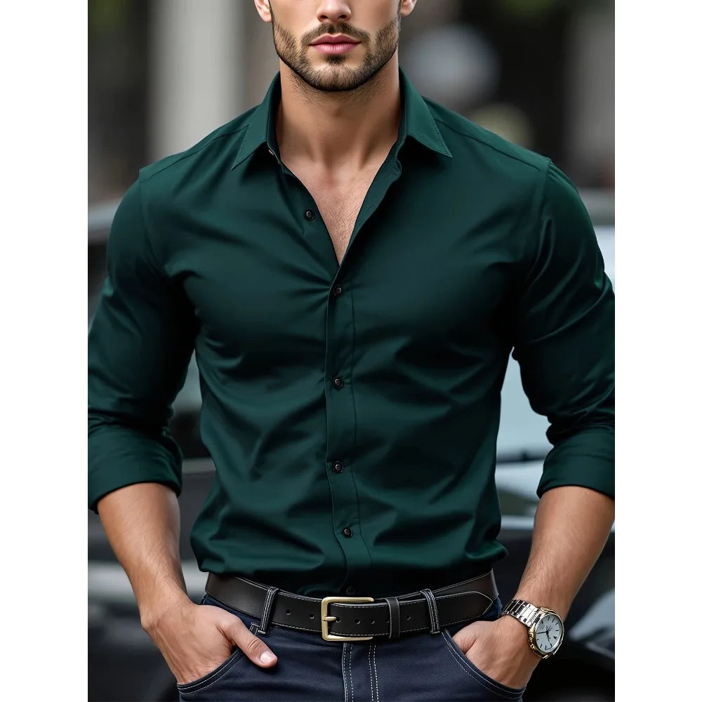 Men's Solid Color Long Sleeve Shirt – Smart Casual Elastic Business Shirt, 2025 Four-Season Wear