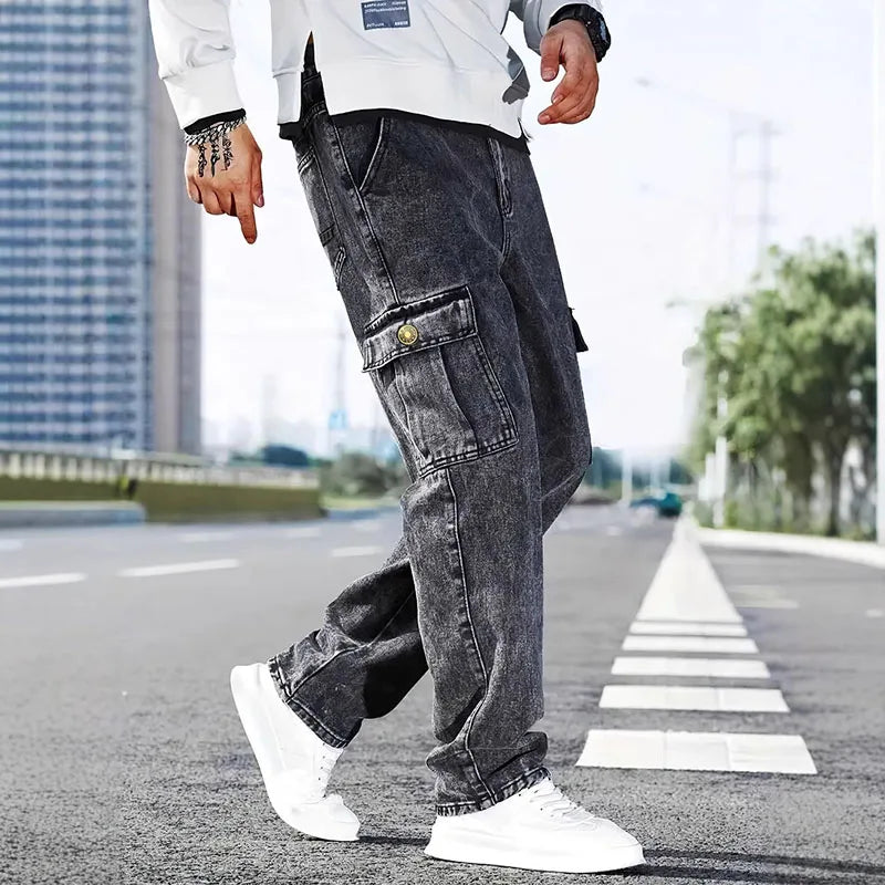 Mens Loose Straight Leg Jeans Large Pocket Casual Work Pants