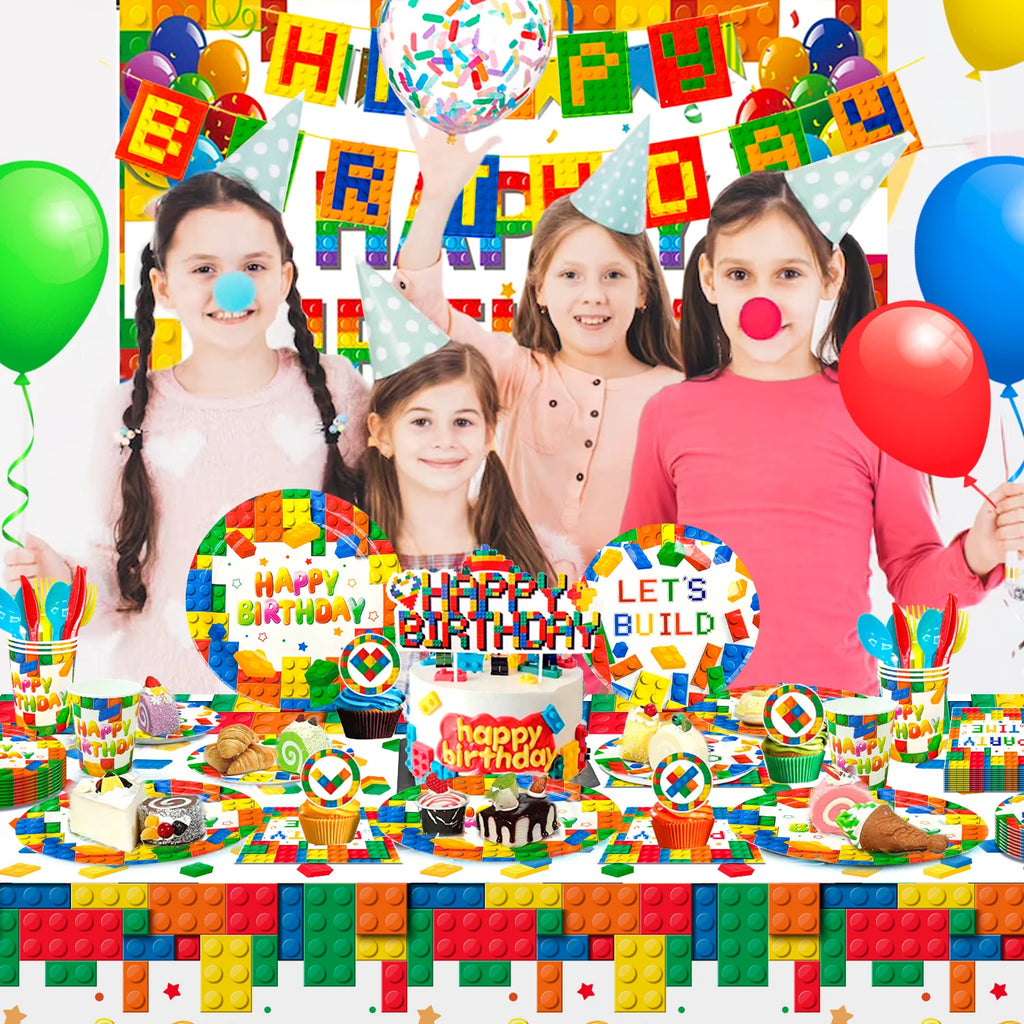 Building Blocks Birthday Party Supplies,114pcs Party Decorations&Building Blocks Tableware Set-Party Plates Napkins Backdrop etc - trendingshoping.com