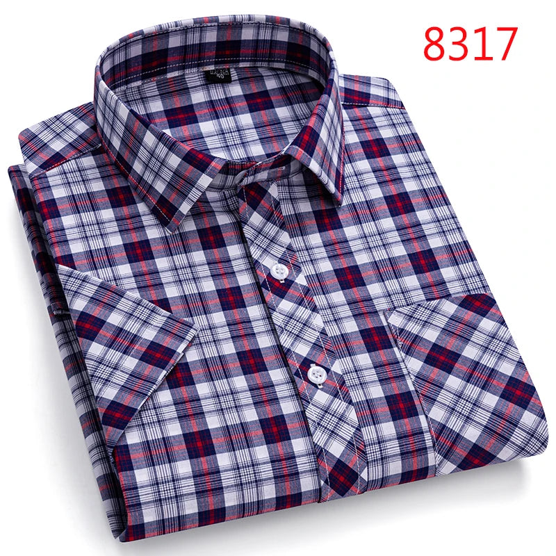 Men's Casual Cotton Plaid Shirt – Short Sleeve Summer Shirt, Elegant Business & Smart Dress Shirt, England Fashion Top
